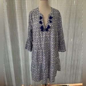 Tommy Bahama Blue and White Geometric Tassel Tunic Dress